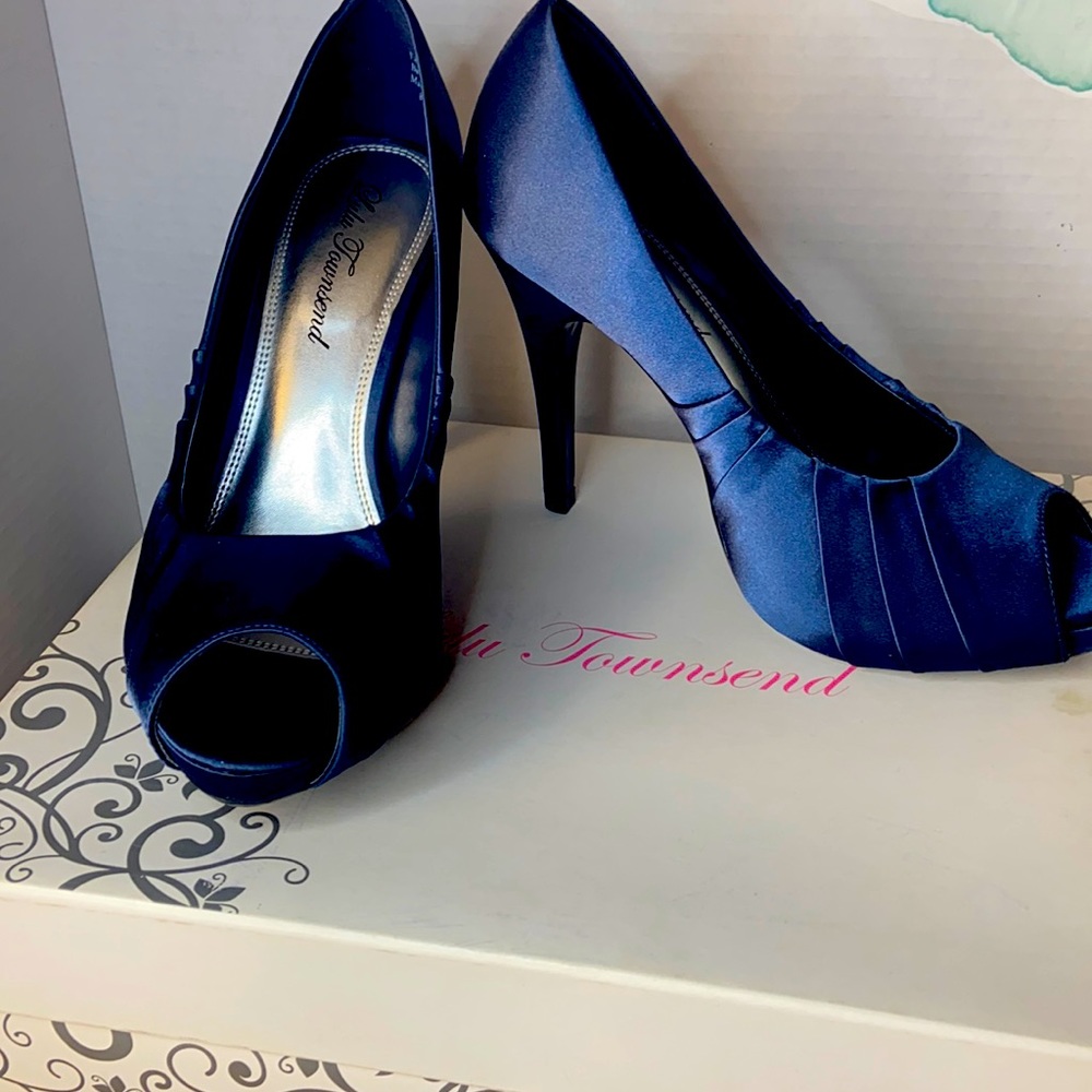 Navy Blue Satin Open Toe Heels